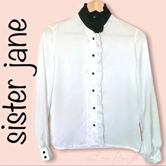 sister jane Ruffle Blouse Size S White Black - Picture 1 of 9